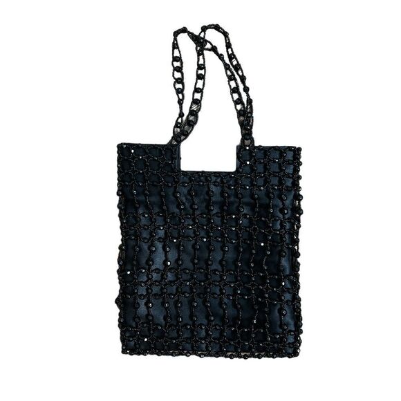 Vintage Y2K square black beaded mini handbag flapper Victorian NYE holiday - Picture 1 of 8